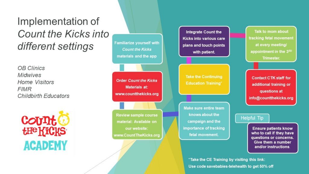 Infographic explaining implementation of Count the Kicks in different settings such as OB Clinics, Midwives, Home Visitors, FIMR, and Childbirth Educators.
Familiarize yourself with Count the Kicks materials and the app. Order Count the Kicks Materials at: www.countthekicks.org. Review sample course material: Available on our website: www.countthekicks.org. Make sure entire team knows about the campaign and the importance of tracking fetal movement. Take the Continuing Education Training* (Take the CE Training by visiting this link: Use the code savebabies-telehealth to get 50% off). Integrate Count the Kicks into various care plans and touch points with patient. Talk to mom about tracking fetal movement at every meeting/appointment in the 3rd trimester. Contact C TK staff for additional training or questions at info@countthekicks.org.
Helpful Tip: Ensure patients know who to call if they have questions or concerns. Give them a number and/or instructions.