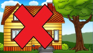 drawing of a house and tree with red x over the house