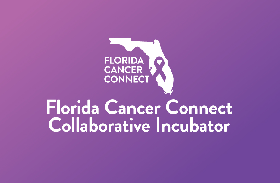 Logo for Florida Cancer Connect Collaborative Incubator. It features a white silhouette of Florida with 'Florida Cancer Connect' text and a purple awareness ribbon, above the words 'Florida Cancer Connect Collaborative Incubator' in white.