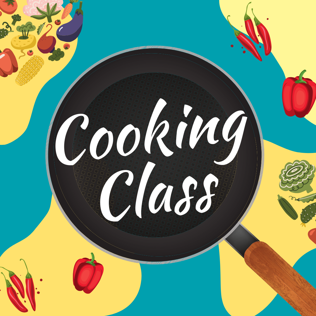 A graphic for a cooking featuring a black frying pan with 'Cooking Class' written inside, surrounded by various colorful cartoon vegetables like bell peppers, chili peppers, corn, eggplant, and broccoli, on a yellow and teal background.