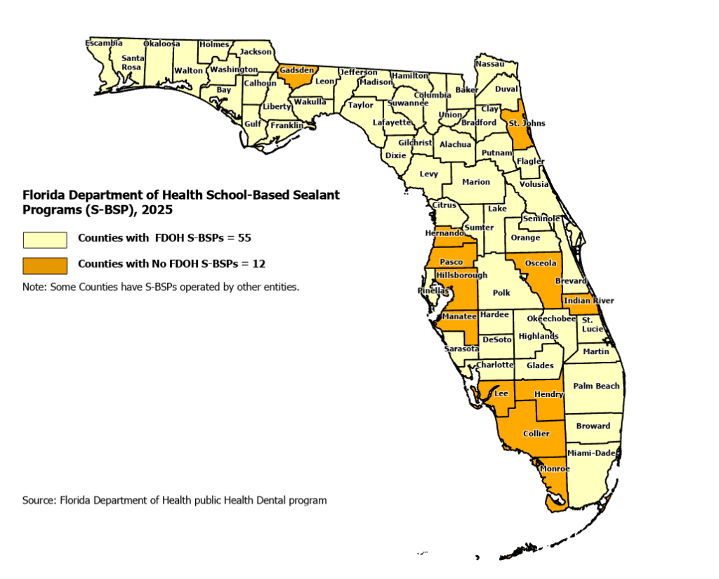 Map of Florida showing counties with and without Florida Department of Health School-Based Sealant Programs (S-BSPs) in 2025. Counties with programs are light yellow (55), and counties without FDOH programs are orange (12).