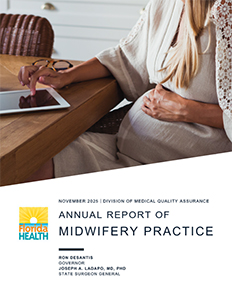 Cover of the Annual Report of Midwifery Practice from Florida Health, featuring a pregnant woman using a tablet at a wooden table.