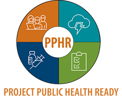 Logo for Project Public Health Ready (PPHR). A circular design with four quadrants: people with a laptop, a storm cloud with lightning, a vaccine vial and syringe, and a clipboard with checkmarks. 'PPHR' is in the center, and 'PROJECT PUBLIC HEALTH READY' is below.