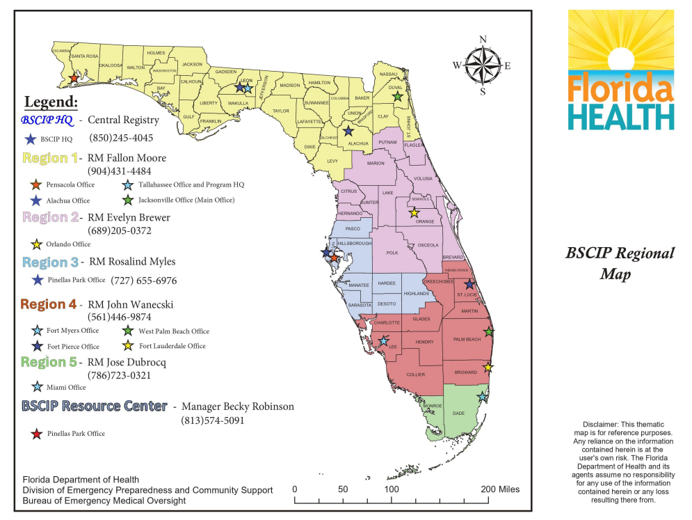 Map of Florida showing five distinct BSCIP regional divisions, marked office locations with star icons, and a legend with contact information for regional managers and headquarters. The Florida Health logo and a disclaimer are on the right panel.