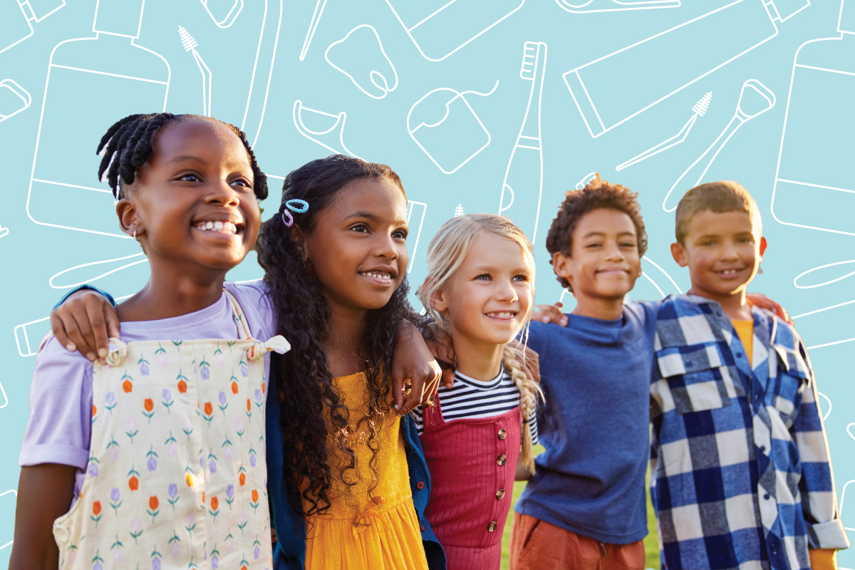 Five children smiling with dental health icons behind them