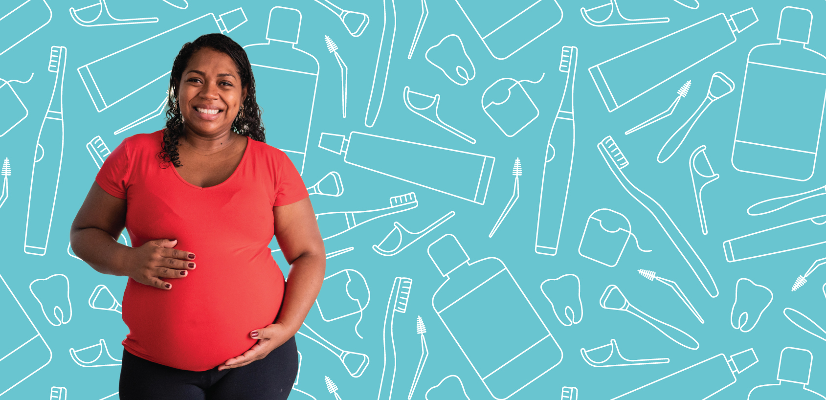 A smiling pregnant woman standing in front of dental hygiene products