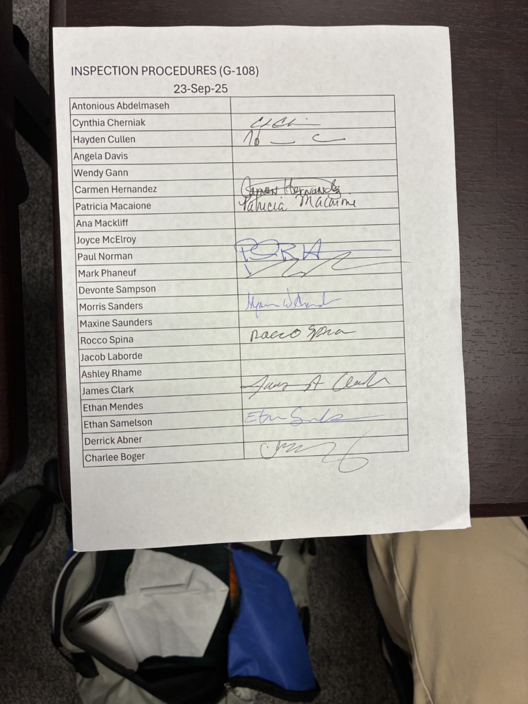 A printed document titled 'INSPECTION PROCEDURES (G-108)' with the date '23-Sep-25'. It lists names like Antonious Abdelmaseh, Cynthia Cherniak, and others, with handwritten signatures or initials next to many of them.