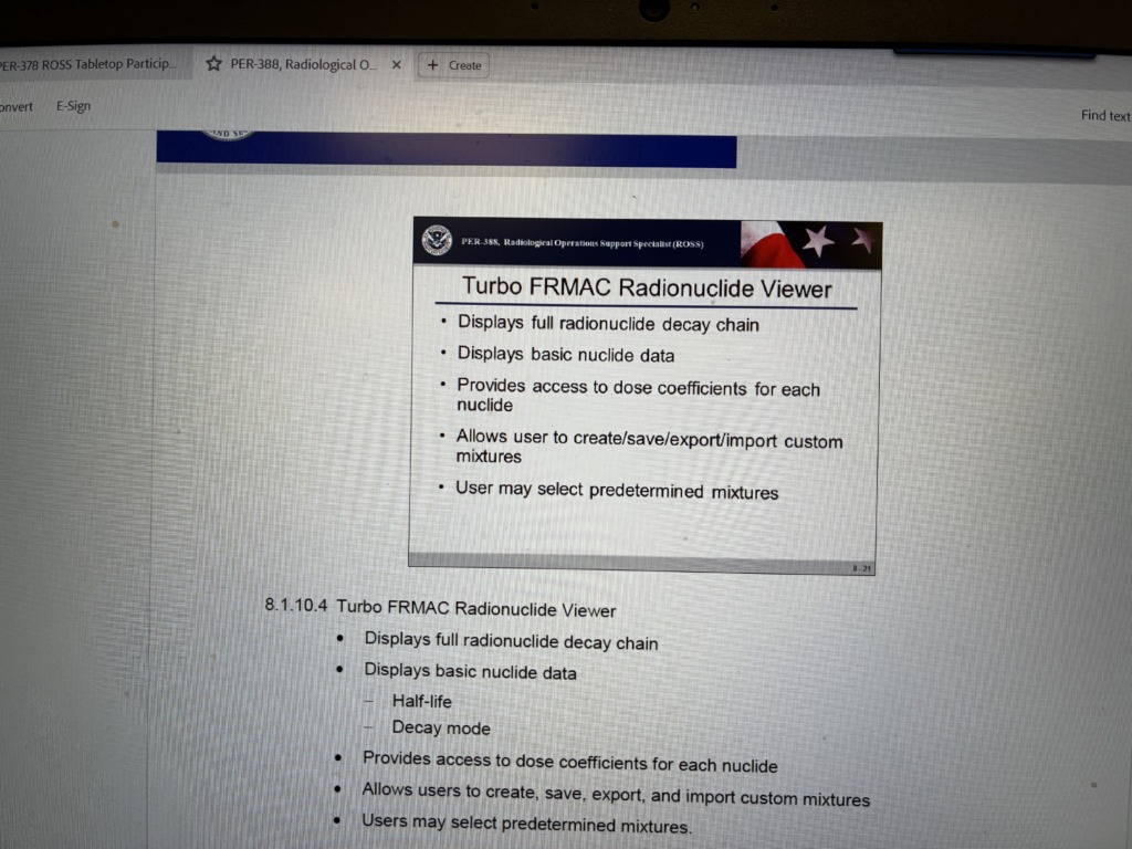 A computer screen displaying a document about the 'Turbo FRMAC Radionuclide Viewer', detailing its capabilities for radionuclide decay chain display, nuclide data, dose coefficients, and custom mixture management.
