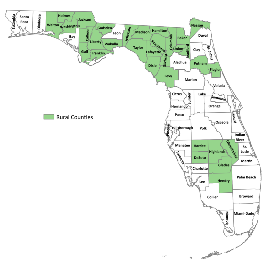 Map of Florida showing counties, with 'Rural Counties' highlighted in green, predominantly in the panhandle and south-central regions.