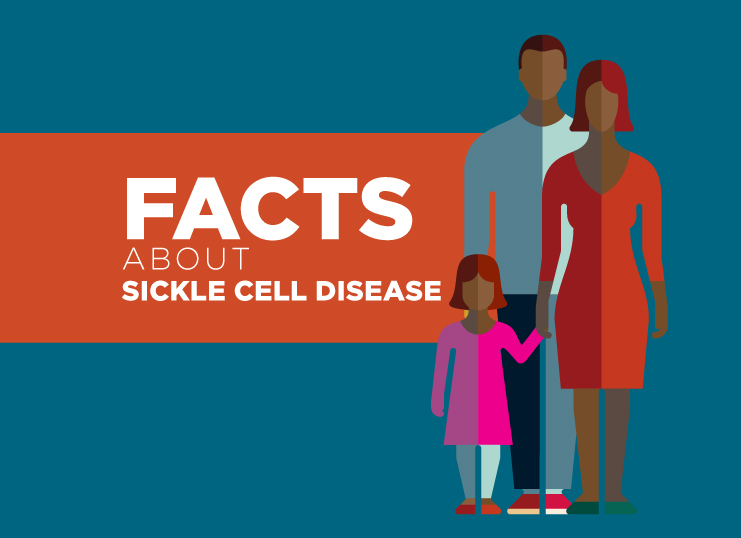 Illustration showing a family of three and the text 'FACTS ABOUT SICKLE CELL DISEASE'.