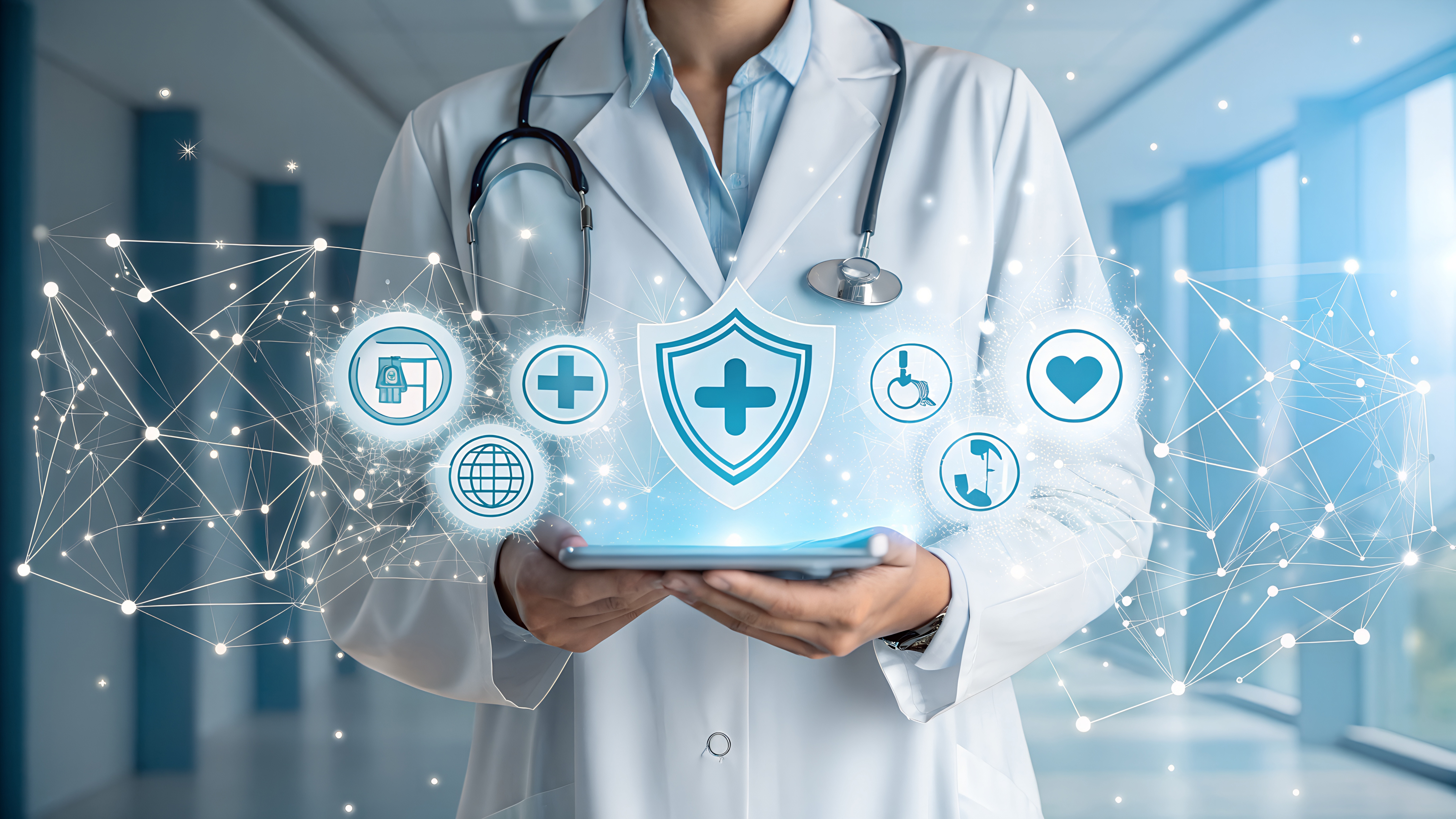 A doctor in a white coat holds a glowing tablet displaying a network of blue healthcare icons, including a shield with a cross, a heart, and a globe, against a blurred medical hallway background.