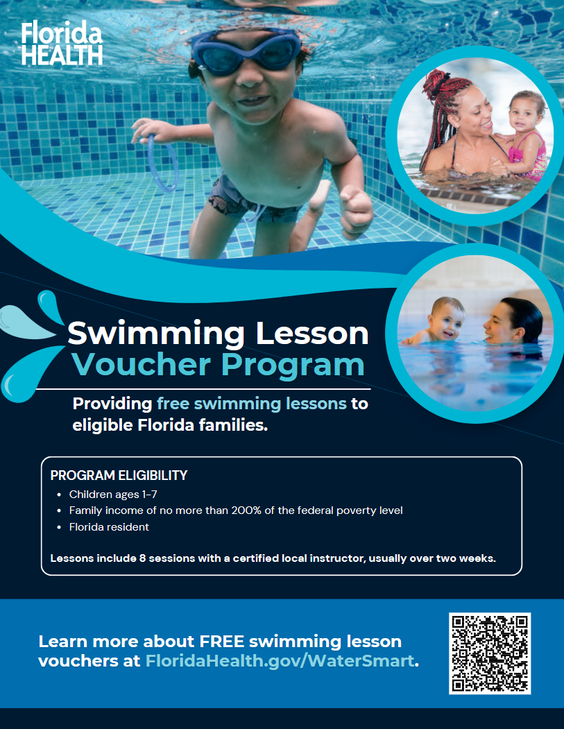 Promotional poster for the Florida Health Swimming Lesson Voucher Program. Features a child underwater with goggles, and two inset images of adults with babies in a pool. Text describes eligibility for free swimming lessons for Florida residents, children ages 1-7, and income requirements. Includes a QR code and website for more information.