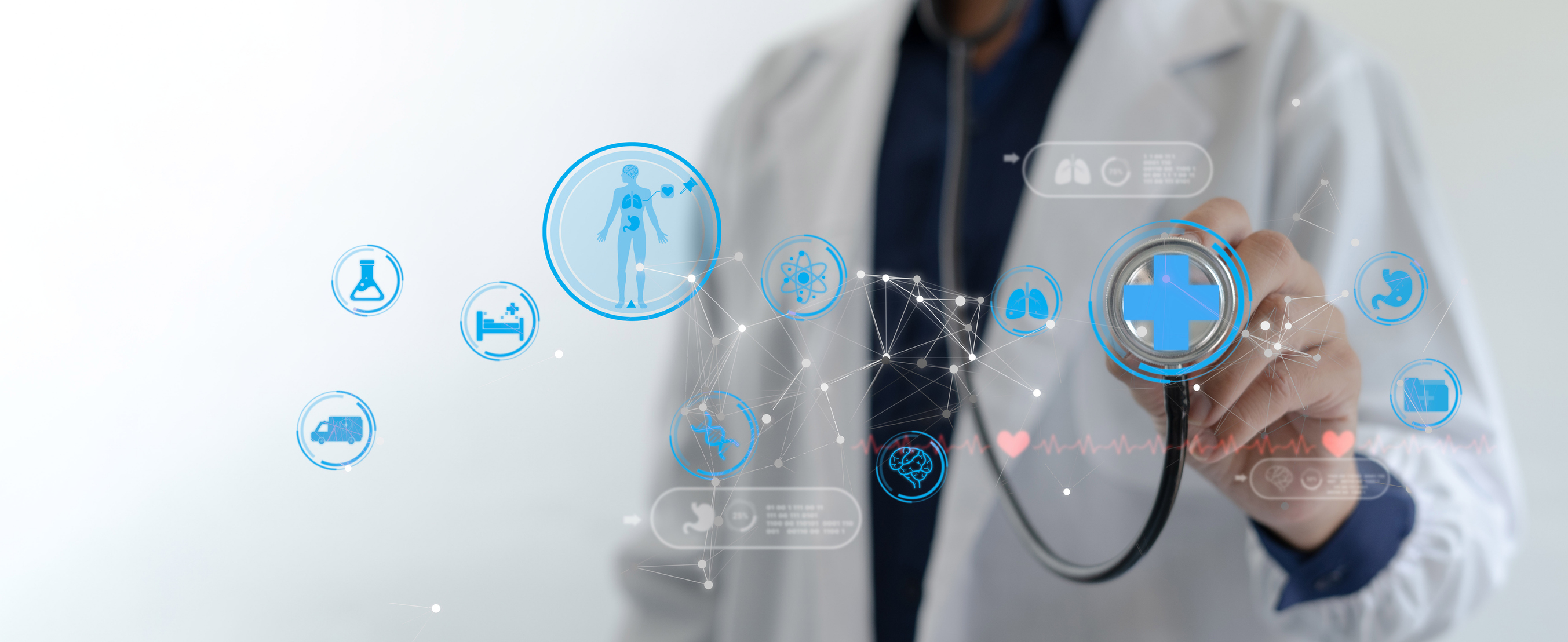 A doctor in a lab coat holds a stethoscope, with a digital overlay of interconnected medical icons representing various health data and services.