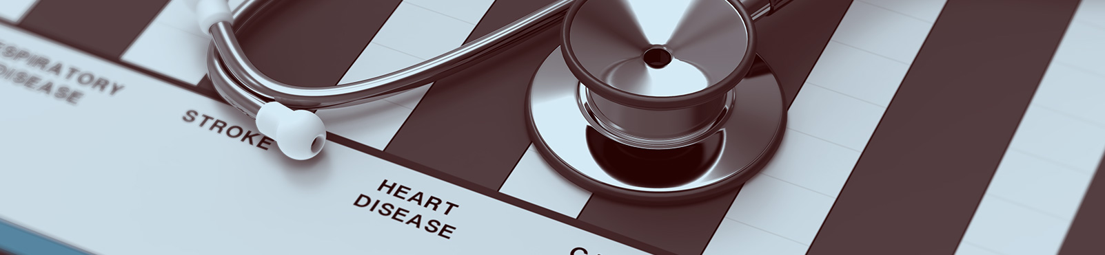 A silver and white stethoscope on a document with 'STROKE' and 'HEART DISEASE' written on it, over a striped background.