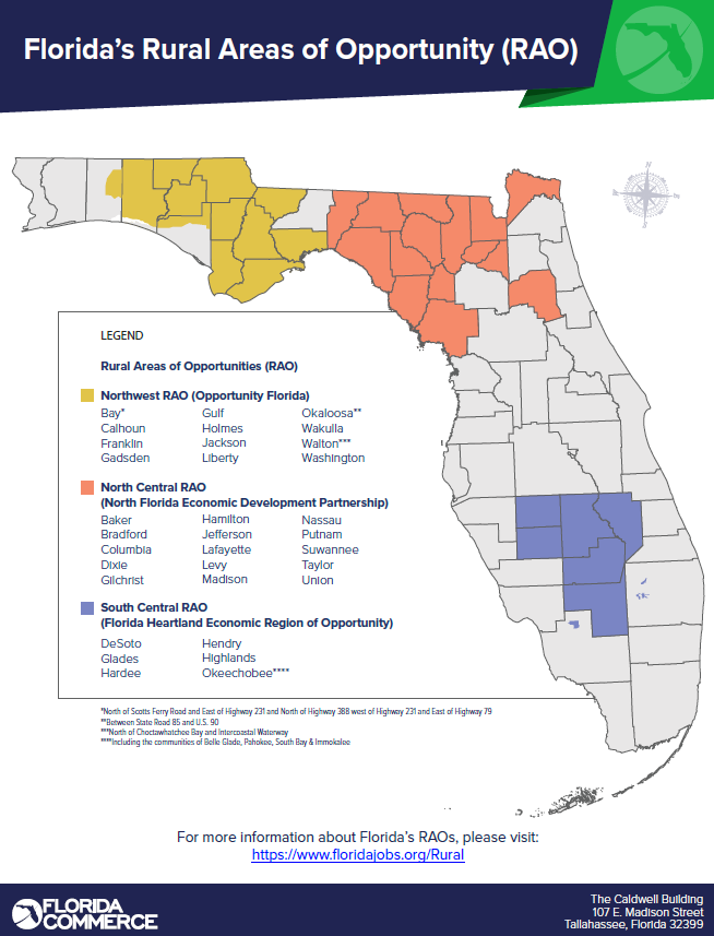 A map of Florida showing counties designated as Rural Areas of Opportunity (RAO) in yellow, orange, and blue, with a legend listing the counties in each region.