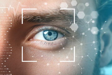 Close-up of a blue human eye with digital scanning graphics, including a target frame, a waveform, and a network of dots and lines, overlaid on the image.