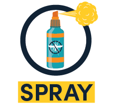 Illustration of a teal spray bottle with an orange cap, spraying a yellow mist, inside a dark blue circle. The bottle has a label with a mosquito crossed out. Below the circle, a yellow banner reads "SPRAY".