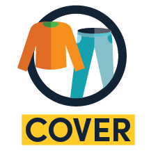 Graphic icon showing an orange shirt and blue jeans inside a dark blue circle, with the word "COVER" in yellow below.