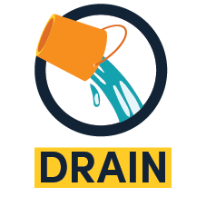 Icon of an orange bucket pouring blue liquid within a circle, with the word "DRAIN" below.