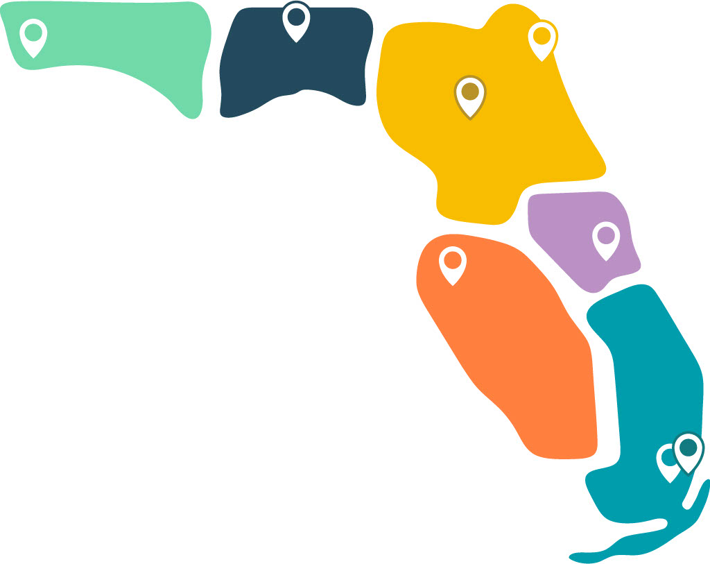 Stylized, colorful map illustration resembling Florida, divided into seven segments with location pins.